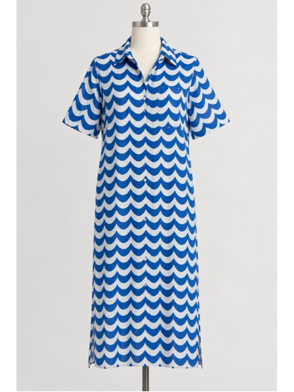 Marimekko Uniglo Blue Wave Linen Blend Shirt Midi Dress M Pockets Preppy Resort